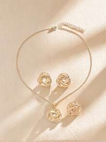 4pcs/Set Minimalist Metal Boho Twisted Knot, Rose Flower Pendant Necklace And Stud Earrings Jewelry Set For Women, Party/Date Accessories Gift Valentines,Mom,Mother,Mother's Day,Gift