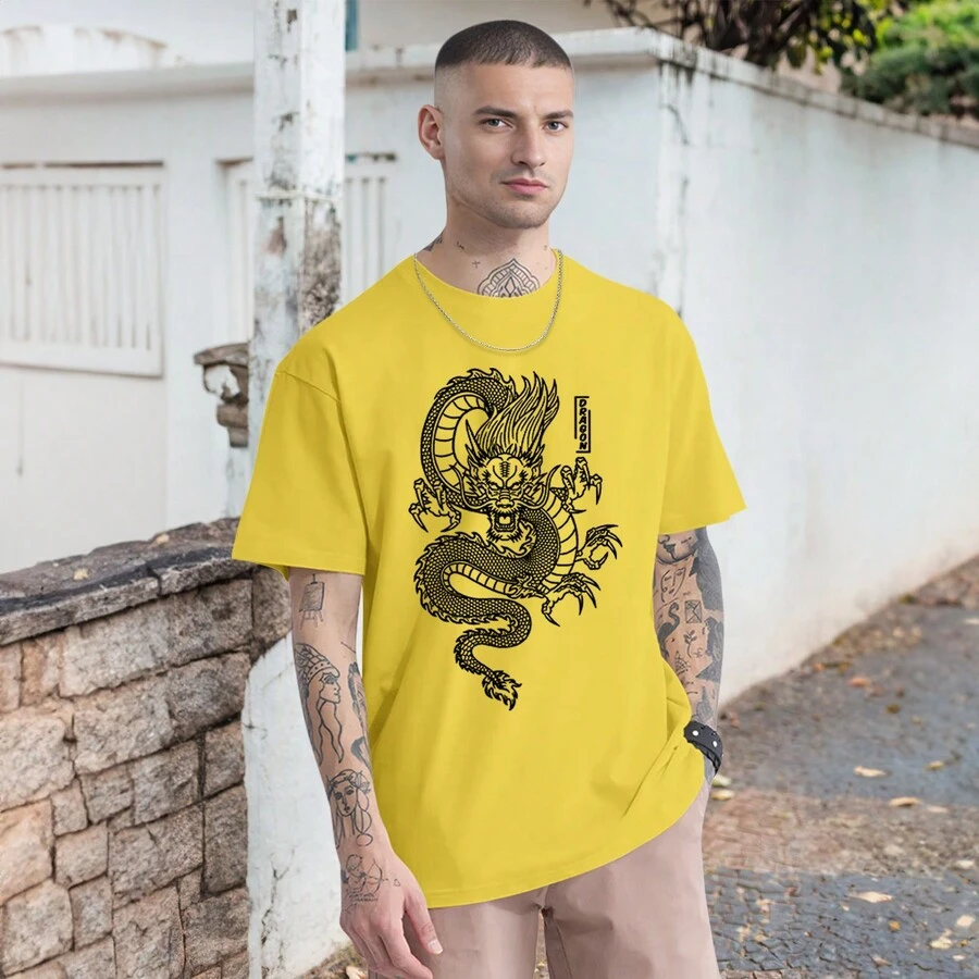 Oversized Black Chinese Dragon T-Shirt Casual Shirt Asian Mystical Print 100% Cotton - 黃色 - 查看 1