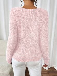 1pc Women's Off-The-Shoulder Sweater, Fashion Loose V-Neck Soft Knit Pullover Top, Versatile & Gentle Casual - Baby Pink - View 2