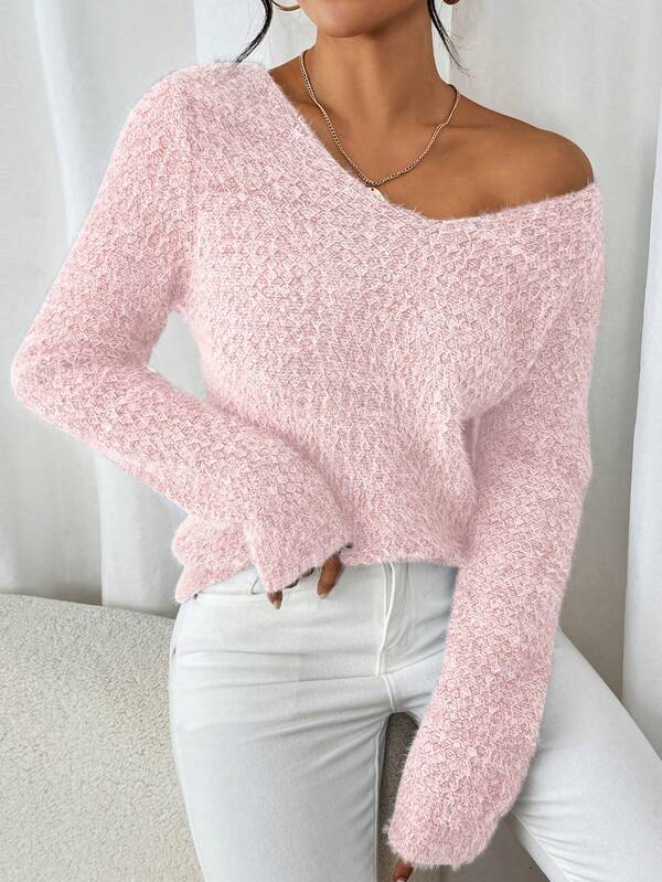 1pc Women's Off-The-Shoulder Sweater, Fashion Loose V-Neck Soft Knit Pullover, Versatile Jumper For Women