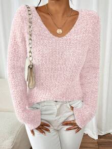 1pc Women's Off-The-Shoulder Sweater, Fashion Loose V-Neck Soft Knit Pullover Top, Versatile & Gentle Casual - Baby Pink - View 4