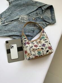 1 件时尚撞色针织花卉图案通勤磁性腋下袋简约单肩手提包，适合女性日常使用 - 卡其色 - 查看 5