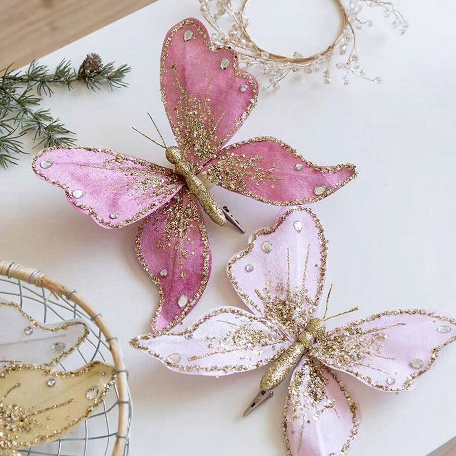 1pc Luxury Fabric & Glitter Christmas Tree Decoration With Artificial Butterfly, Holiday Floral Accessories - Multicolor - View 1