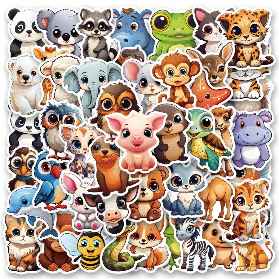 50 张卡通动物贴纸乙烯基美学贴纸适用于剪贴簿、日记、笔记本电脑、保险杠、滑板、水瓶、电脑、手机、卡通、安全帽、汽车贴纸和贴花 - 彩色 - 查看 1