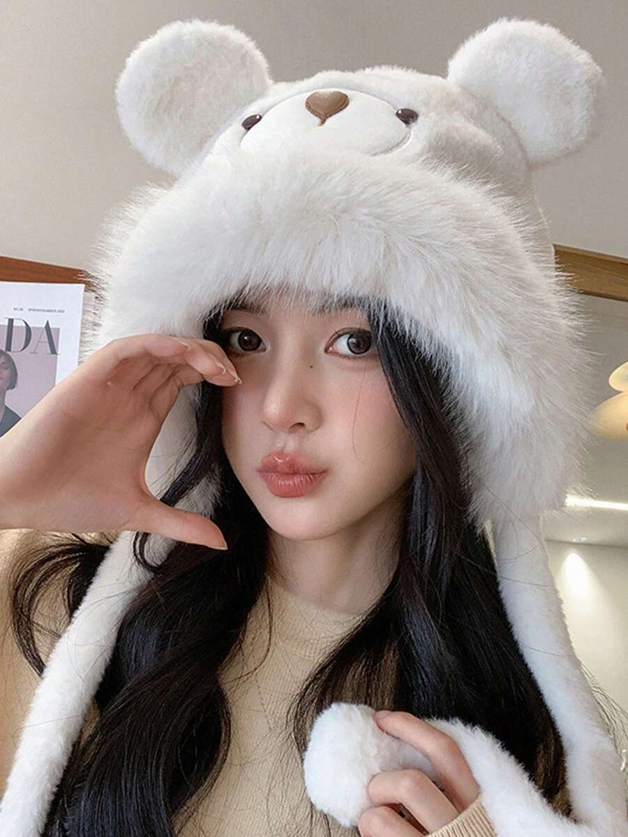 2024 Winter New Cute Bear Ear Trapper Hat, Korean Style Adorable Warm Plush Ear Protector Hat, Polyester Casual Elegant Boho Street Style, Autumn/Winter - Hat - View 1