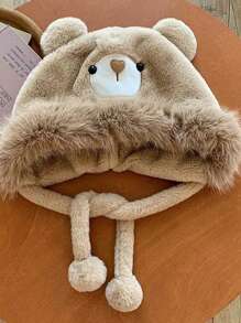 2024 Winter New Cute Bear Ear Trapper Hat, Korean Style Adorable Warm Plush Ear Protector Hat, Polyester Casual Elegant Boho Street Style, Autumn/Winter - Hat - View 3