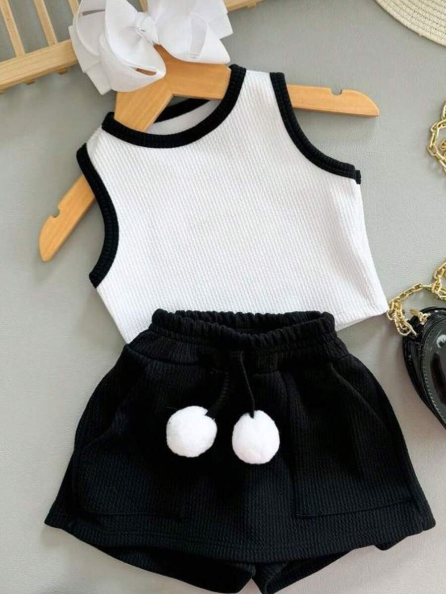 Girls' Cropped Set With Shorts And Skirt With Pompom Detail - 黑色 - 查看 1