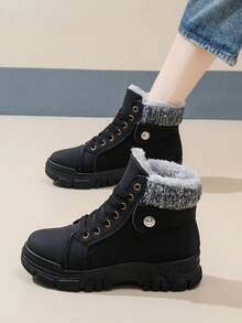 2024 年冬季新款时尚黑色皮靴，女士圆头短踝靴，厚底保暖衬里，白色和灰色摩托车靴 - 黑色 - 查看 6