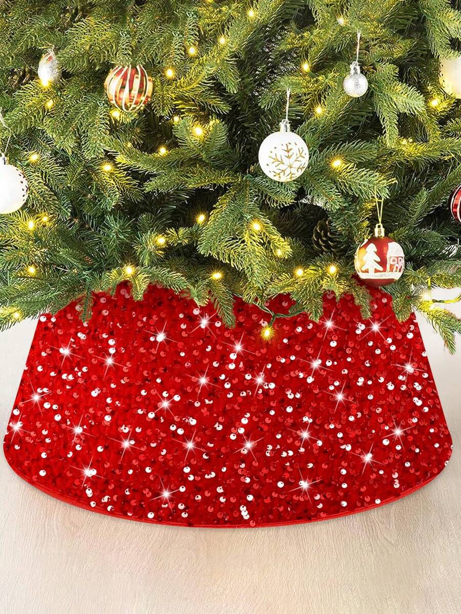 1 pieza - Collarín de árbol de Navidad de 60,96 cm con lentejuelas, aro de árbol de Navidad para falda artificial de árbol, collarín de terciopelo bordado con corteza de árbol, funda brillante para la base del árbol para decoración de otoño y vacaciones, estuche de lujo para decoración del collarín del árbol