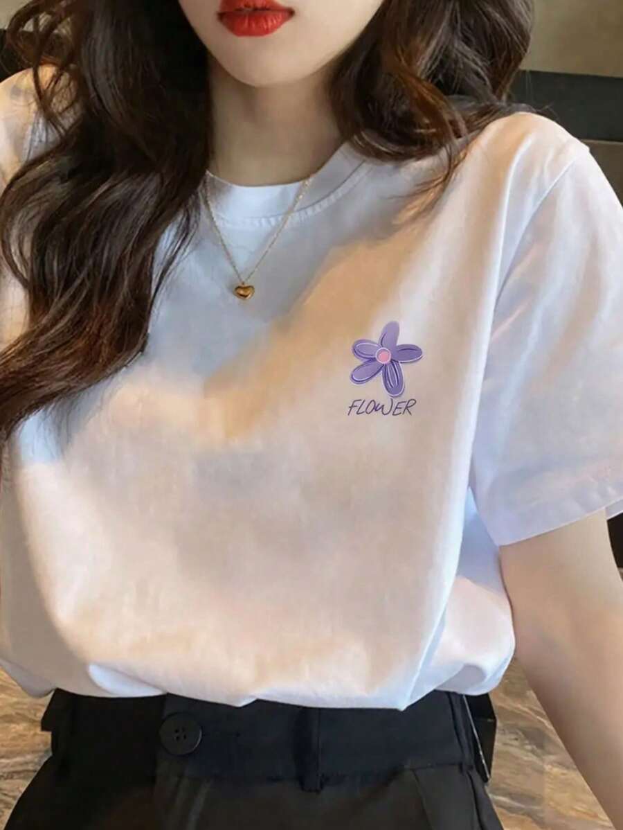 Women's T-SHIRT Flowers Casual Shirt Printed Blouse 100% Cotton - trắng - Xem 1