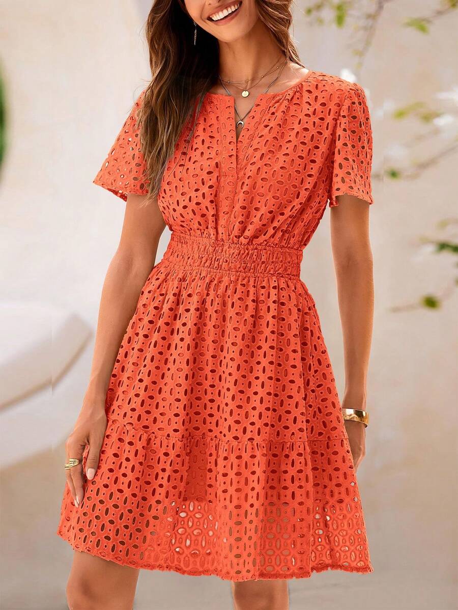 Women's Summer Skirt V-Neck Short Sleeve A-Line Hollow Lace Ruffled Cute Casual Dress - 橘色 - 查看 1