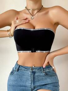 Brasier con cierre delantero inalámbrico con diseño de adorno de hilo de plata, sujetador bandeau cómodo para mujer