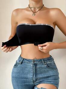 Brasier con cierre delantero inalámbrico con diseño de adorno de hilo de plata, sujetador bandeau cómodo para mujer