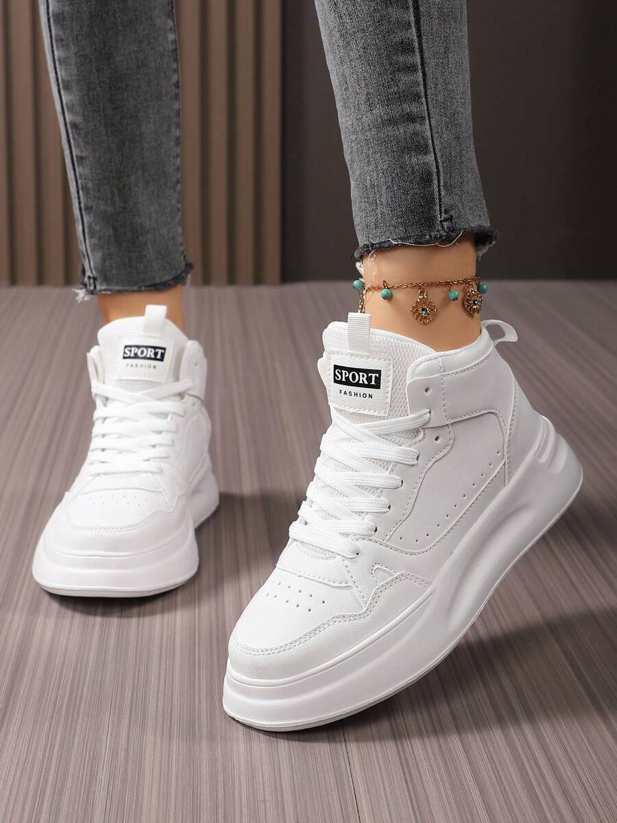 Giày thể thao nữ cổ cao màu trơn thoáng khí màu trắng có dây buộc, giày thể thao thường ngày nhẹ thoải mái, giày trượt ván đế xuồng đa năng cho các môn thể thao ngoài trời - trắng - Xem 1
