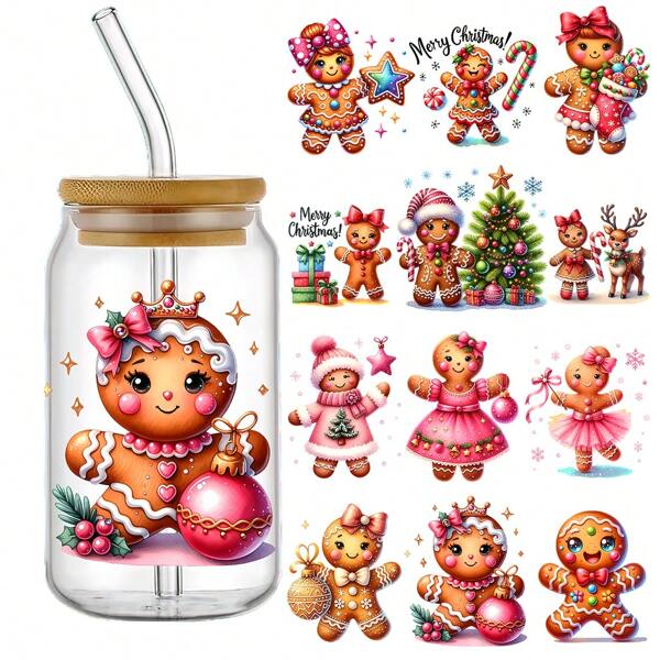Gingerbread For Man 4pcs UV DTF Self-Adhesive Cup Wraps - Waterproof & Scratch-Resistant, High-Quality 3D Crystal Stickers For Tumblers & Bottles, 4.3"X9.4