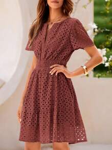 Women's Summer Skirt V-Neck Short Sleeve A-Line Hollow Lace Ruffled Cute Casual Dress - Đỏ nâu - Xem 6