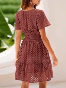 Women's Summer Skirt V-Neck Short Sleeve A-Line Hollow Lace Ruffled Cute Casual Dress - Đỏ nâu - Xem 2