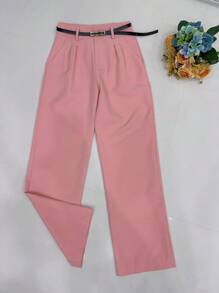 Women's Set: Summer Sleeveless Solid Color Round Neck Top And Wide Leg Pants With Belt And Bag - Baby Pink - View 4