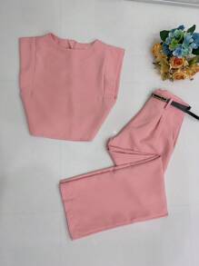 Women's Set: Summer Sleeveless Solid Color Round Neck Top And Wide Leg Pants With Belt And Bag - Baby Pink - View 1