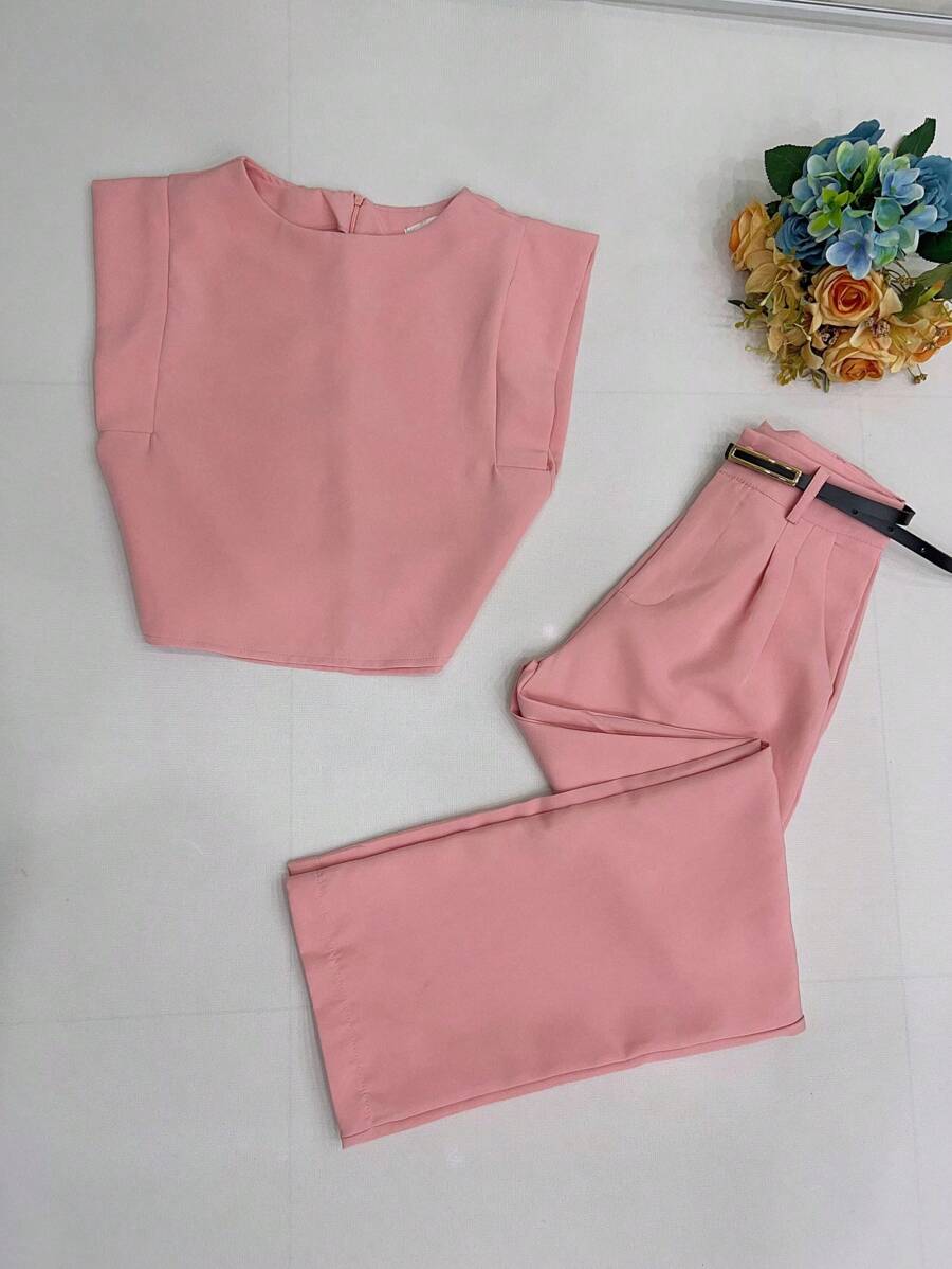 Women's Set: Summer Sleeveless Solid Color Round Neck Top And Wide Leg Pants With Belt And Bag - Baby Pink - View 1