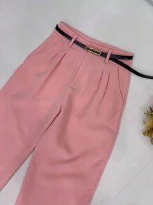 Women's Set: Summer Sleeveless Solid Color Round Neck Top And Wide Leg Pants With Belt And Bag - Baby Pink - View 5
