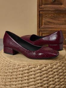 女士时尚方头 3 厘米粗跟高跟鞋，适合工作、通勤、派对、晚宴、酒红色、时尚、高端、休闲一脚蹬 - 酒紅色 - 查看 2