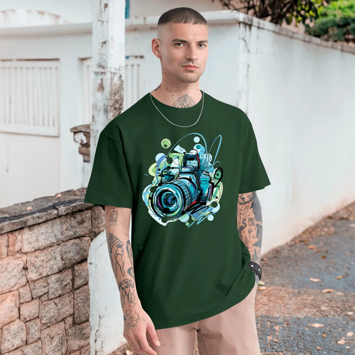 Oversized T-Shirt Camera Shirt Casual Photographer T Shirt 100% Cotton - màu xanh lá - Xem 1