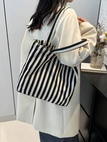 1 件女士时尚通勤手提包，纯色纹理单肩包，时尚腋下包 2024 新款 - 黑色 - 查看 5