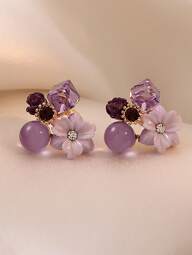 Elegant Vintage-Inspired Purple Crystal Flower Stud Earrings With Faux Zirconia Accents For Girls