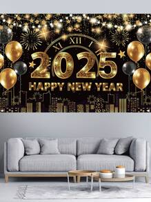 Happy New Year 2025 Sign Poster Banner Backdrop With Fireworks For New Year Photo Booth Background Decoration Party Decorations Home Decor - Black Gold - View 6