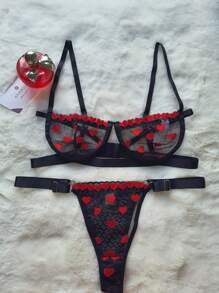 Lingerie Set With Underwire Bra And Panties GRINGA INTIMATE FASHION TULLE EMBROIDERED HEART - 紅白色 - 查看 2