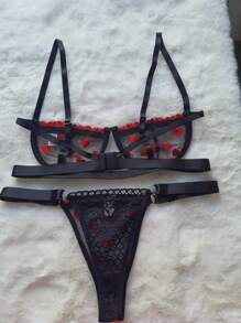Lingerie Set With Underwire Bra And Panties GRINGA INTIMATE FASHION TULLE EMBROIDERED HEART - 紅白色 - 查看 4