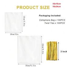 100PCS Cellophane Treat Bags, 8x12cm/10x15/15x20cm/16x24/20x28cm Clear Cellophane Gift Bags With 4" Twist Ties, Clear Bread Bags, Plastic Bags,Cookie Bags, Candy Bags For Treats Gifts Giving Birthday Party Favors