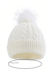 2 件装纯色儿童扭纹针织帽，带 PU 皮革标志，男女通用儿童针织帽，带绒球，秋冬 - 3-8Y - 查看 3