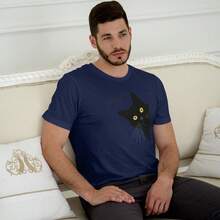 Men's Black Cat Printed T-Shirt 100% Cotton - 藏蓝色 - 查看 8