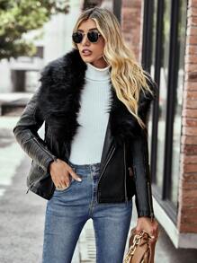 Borg Collar Belted PU Leather Biker Jacket - Black - View 5