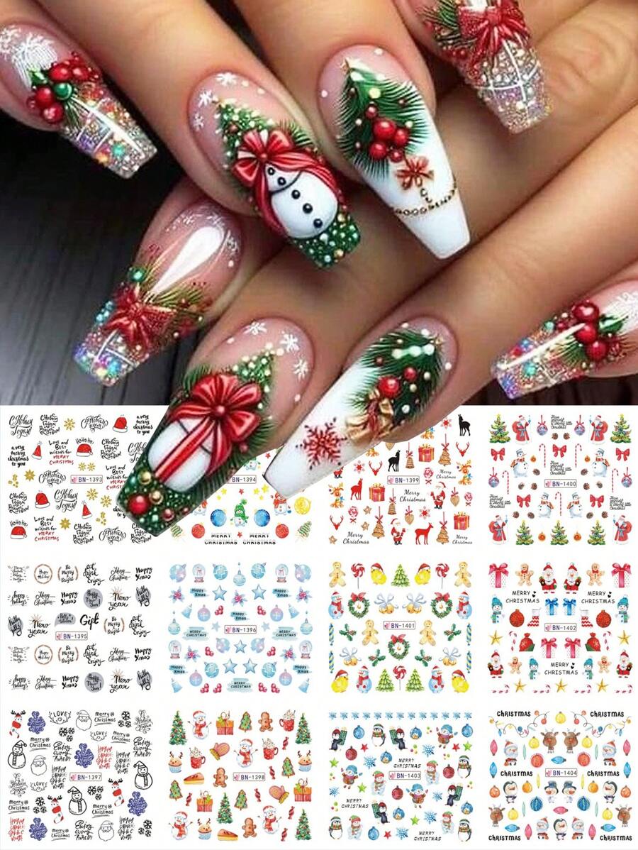 12片可爱圣诞美甲贴纸，圣诞老人、麋鹿、企鹅、熊、姜饼人、猫咪卡通动物设计雪花图案，水贴纸装饰贴片 - 彩色 - 查看 1