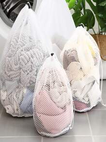 1pc Polyester Mesh Laundry Bag, Minimalist White Drawstring Detail Travel Laundry Bag For Washing Machine - White - View 1