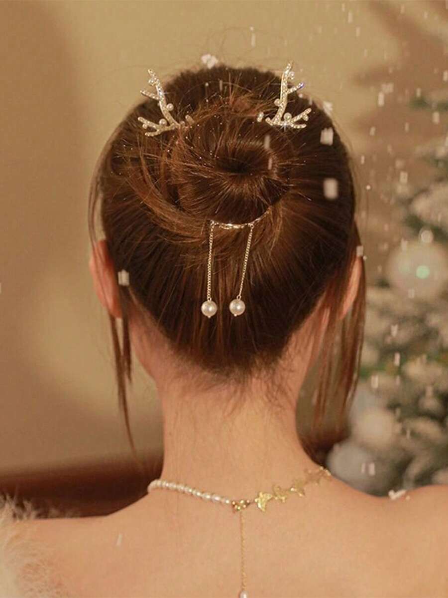 1pc Deer Antler Hair Claw Clip With Rhinestones, Alloy Large Round