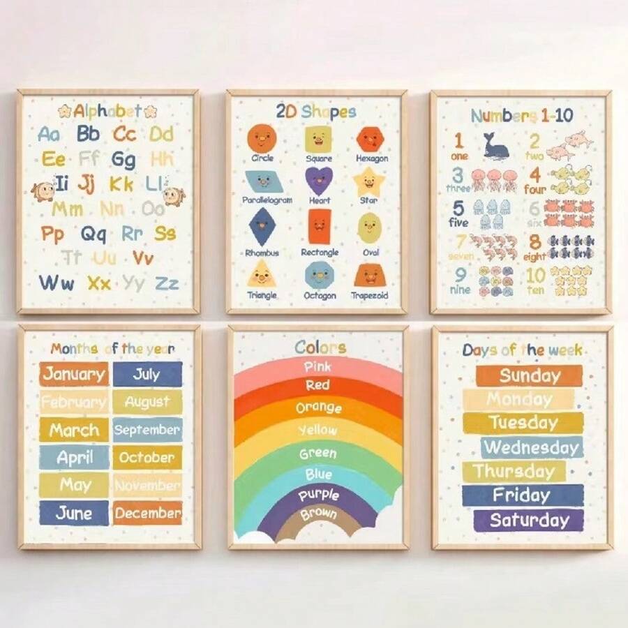 1 件彩色字母、数字、月份和星期教育海报、装饰墙艺术,适用于教室、幼儿园、蒙特梭利儿童学习,无框 - 彩色 - 查看 1