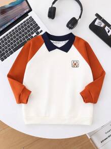 Boys Fashionable Turndown Collar Sweatshirt, Bear Print Pattern Casual Patchwork Pullover, Children Stylish Underlayer, Autumn/Winter - Multicolor - View 1