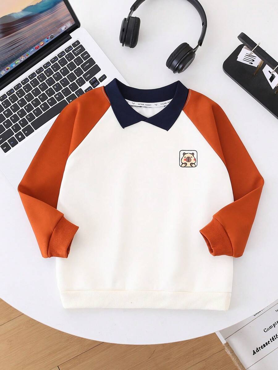 Boys Fashionable Turndown Collar Sweatshirt, Bear Print Pattern Casual Patchwork Pullover, Children Stylish Underlayer, Autumn/Winter - Multicolor - View 1