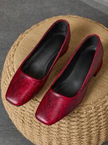 MonaNise Women's Square Toe 3cm Heel Pumps Shoes, Snake Skin Pattern, Wine Red, Versatile, Fashionable For Banquet, Party, Formal Occasions - Burgundy - View 4
