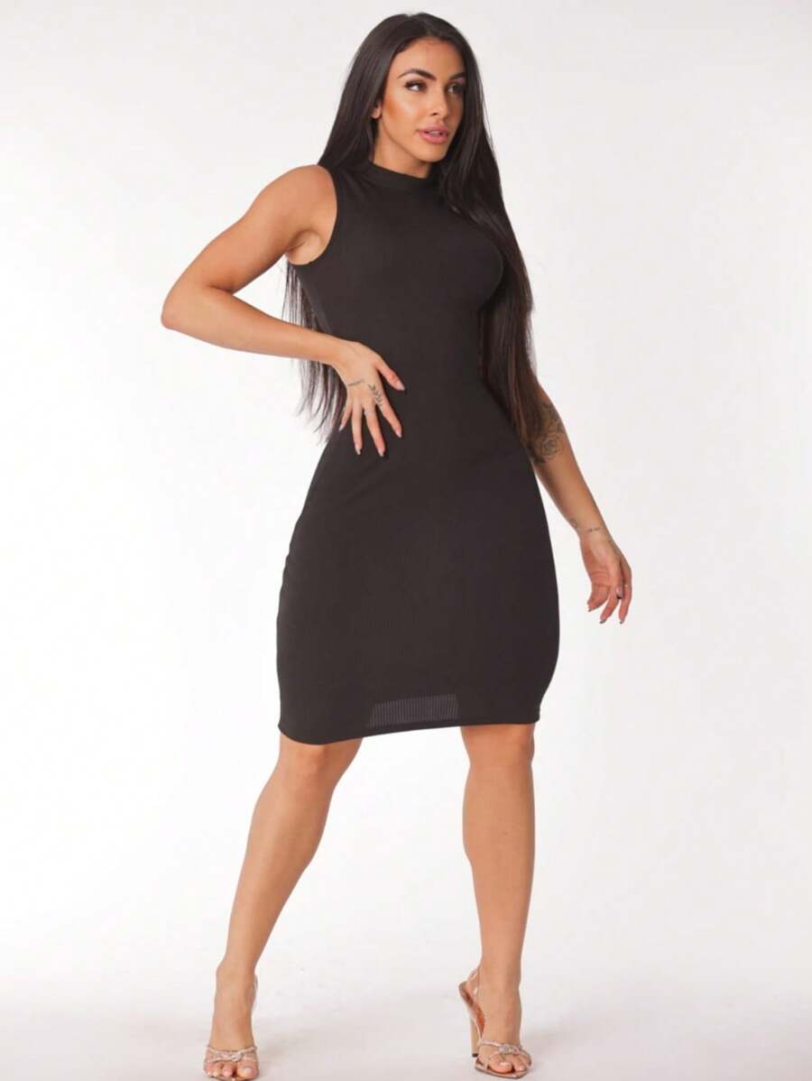 Women's High Neck Midi Ribbed Sheath Dress - 黑色 - 查看 1