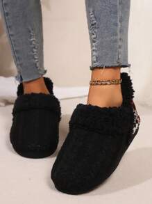 女士冬季保暖一脚蹬踝靴，撞色舒适家居拖鞋 - 黑色 - 查看 4