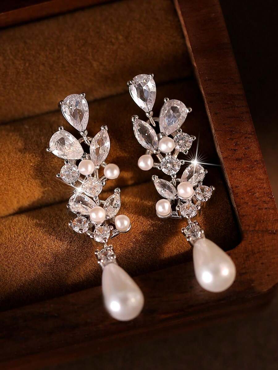 jealous young 1 对优雅大号简约花朵 CZ 贝壳仿珍珠婚礼吊坠耳环，适合女士新娘奢华锆石吊坠耳环节日订婚周年派对珠宝礼物情人节、妈妈、母亲、母亲节、礼物 - 銀色 - 查看 1