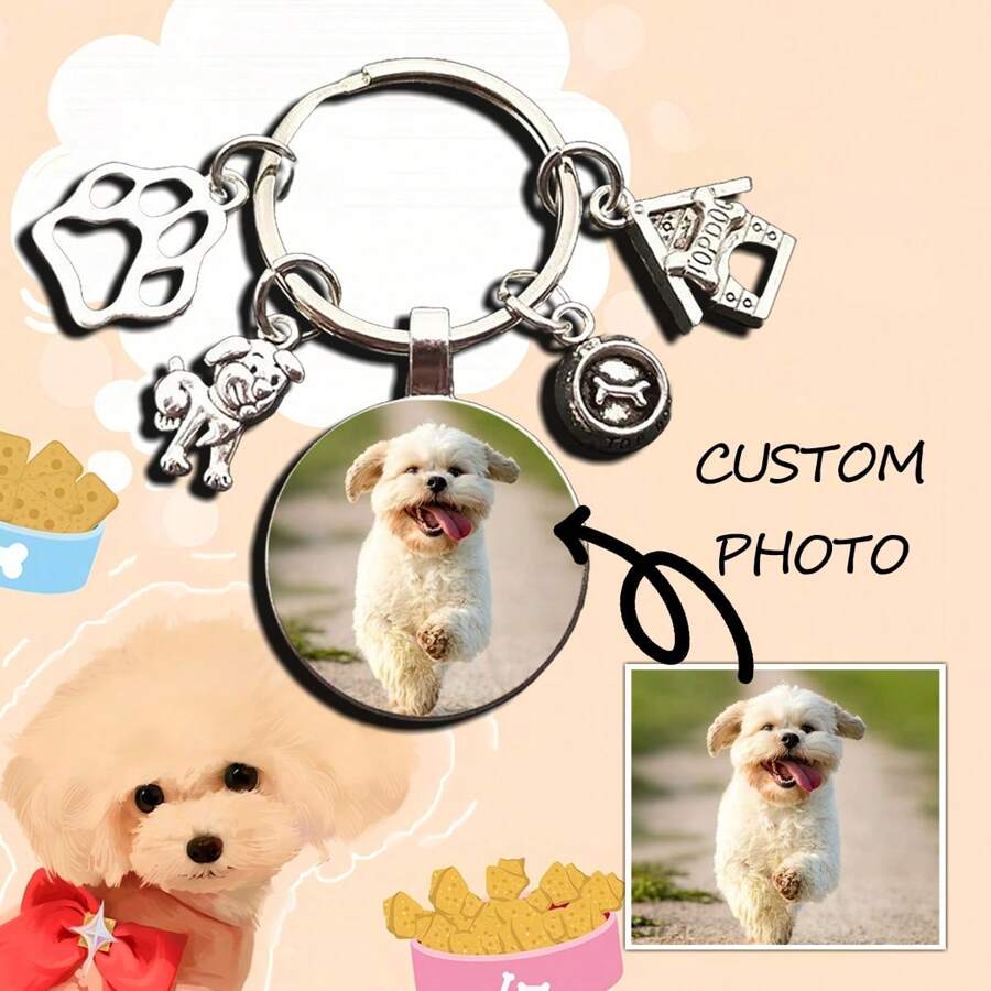 1pc Cute Dog Glass Dome Customized Photo Keychain With Dog House Pendant Keyring, Gift - Silver - View 1