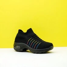 Women's Rainbow Striped Cushioned Lace-Up Casual Sports Shoes, Knit Sock Shoes For Dancing