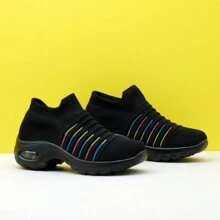 Women's Rainbow Striped Cushioned Lace-Up Casual Sports Shoes, Knit Sock Shoes For Dancing