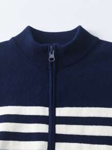 Young Boy Striped Stand Collar Zip-Up Sweater Cardigan, Collegiate Style For School, Spring/Autumn/Winter